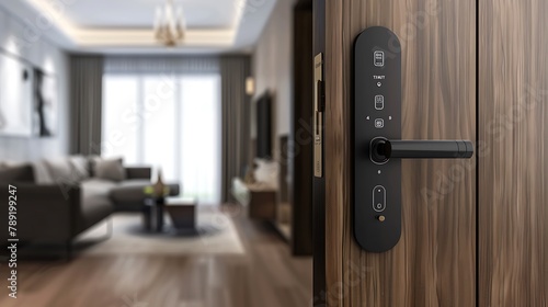 Digital door lock installed on wood door for security and access the room Door wood texture with electronic door lock opened in front of blur livingroom