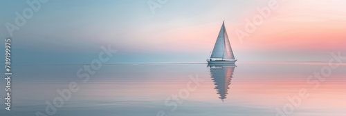 A sailboat peacefully floats on the calm waters, with its sail raised and reflecting in the sunlight