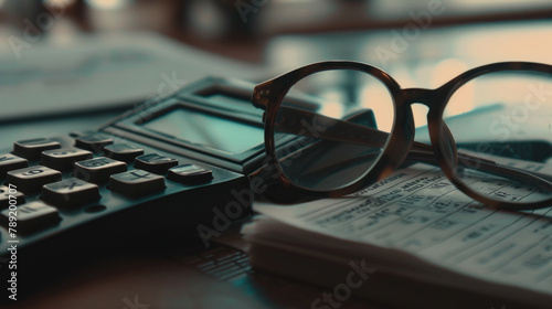 A pair of glasses resting on top of a calculator, with the numbers on the calculators screen visible