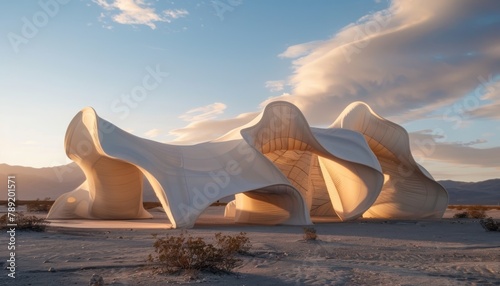 Abstract curved architecture, futuristic building in the middle of desert, clouds, evening, 