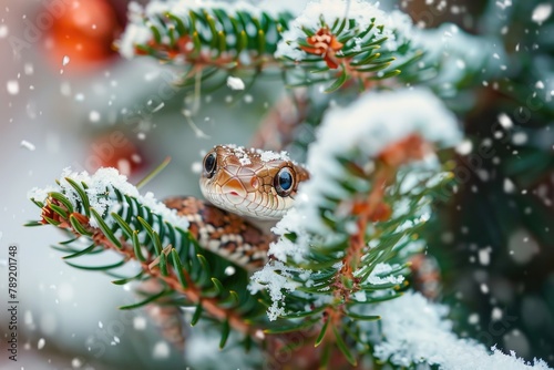 A colorful corn snake peeks curiously through a snowy setting