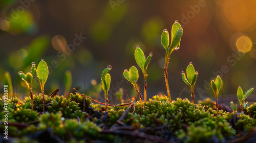 A group of small plants are growing in a field. The plants are green and have dew on them. Concept of growth and new beginnings