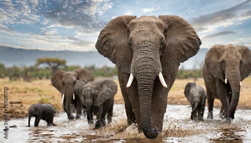 A herd of elephants are walking through a river