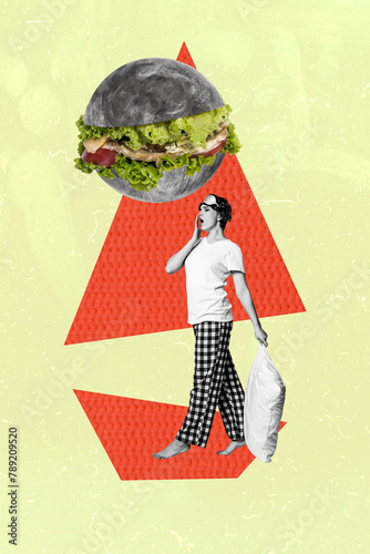 Trend artwork composite sketch 3D photo collage of black white silhouette sleepy lady wake up wear pajama under jank food burger toast
