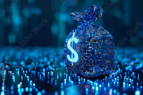 digital blue moneybag with a dollar $ icon with binary code, ai financial transactions, fraud detection algorithms, portfolio management, and personalized financial planning services. money bag. 