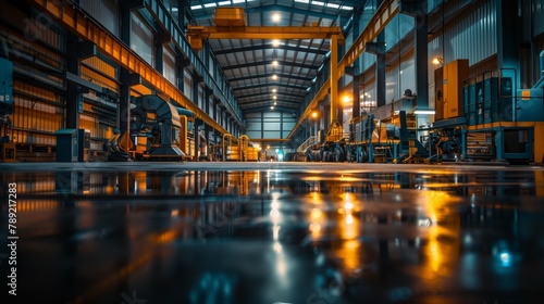 A wide angle shot of an empty factory floor with a shiny reflective floor.