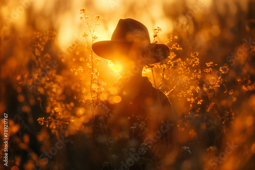 A time traveler encountering their younger self, creating a paradoxical moment.Woman in sun hat among orange flowers at sunset in natural landscape