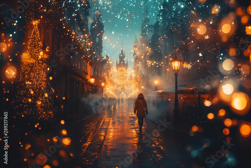 A time traveler stepping out of a shimmering portal into a bustling medieval marketplace.a person is walking down a street at night in the rain