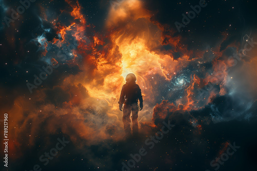 A time traveler witnessing the birth of stars and galaxies in the early universe. Astronaut surrounded by galaxy in the vastness of space