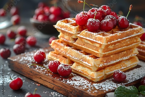 Fresh waffles with hot cherries on christmas market with copy space