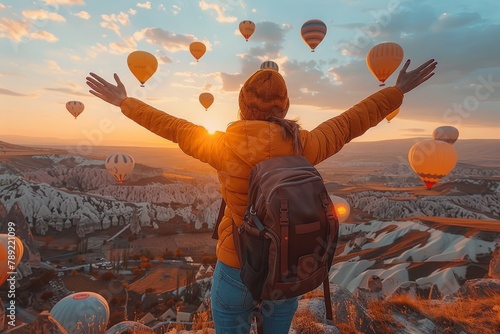 Traveler with open arms in front of a magical landscape of hot air balloons at sunrise