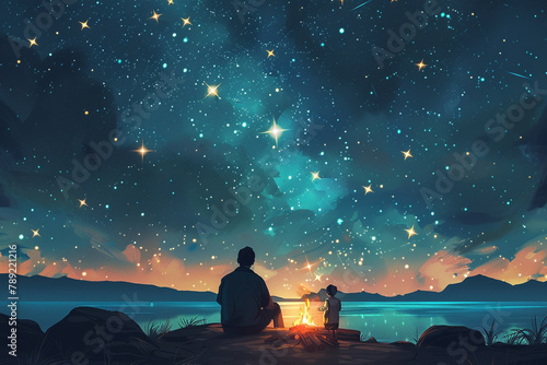 Happy Fathers Day concept. A father and child stargazing together on a clear night, with constellations shining overhead and a campfire glowing nearby. Flat lay vintage style.