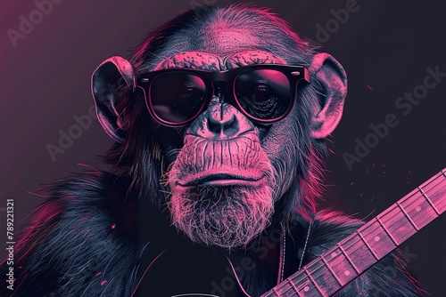 in a black open rectangle, vector image of a cool hairy chimp with top knot hair wearing cool dark pink