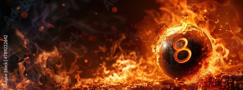 8 ball in fire on dark background, billiards background.
