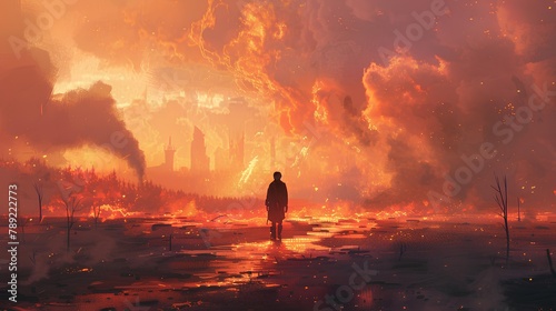 A figure stands before an otherworldly vortex of fire, amidst a burning forest and the ruins of a city, encapsulating a moment of apocalyptic awe.