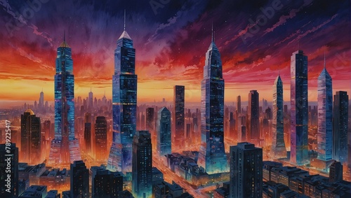 futuristic cityscape with skyscrapers made of neon lights and holographic projections