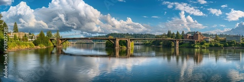 Oregon City Bridge - Stunning Architecture of Arch Bridge over River Flowing beneath a Panoramic Sky