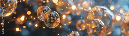 Digital cryptocurrency concept with glowing bitcoins among sparkling lights, Perfect for articles on blockchain, digital currencies, and investment opportunities, wide banner.