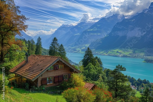 Scenic Horizontal Landscape of Interlaken Valley and Thunersee Lake in the Picturesque