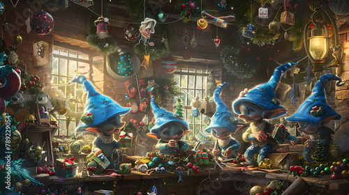 A band of pixies perched at their crafting station in the pixie plant. each fashioning distinct trinkets for the Yuletide. They have blue sharp bonnets on their heads
