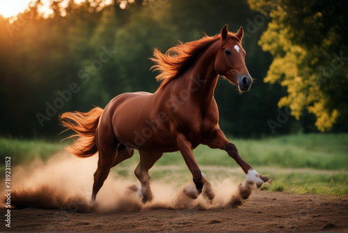 trot horse nature runs background Red tail trotting forest green equestrian looking grass domestic summer horizontal mare outdoors play purebred fast colours brown