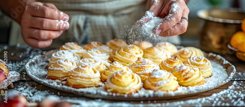 hands of a cook serving a Sfogliatelle. Sfogliatelle is an Italian pastry originating from Naples, made of thin layers of crisp dough filled with a sweet ricotta cheese filling 