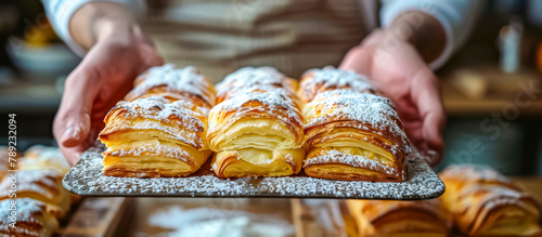 hands of cook serving a Sfogliatelle. Sfogliatelle is an Italian pastry originating from Naples, made of thin layers of crisp dough filled with a sweet ricotta cheese filling 
