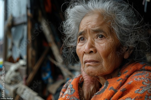 A senior woman in an orange garment gazes away thoughtfully near a weathered wooden shack, showing signs of life's wear