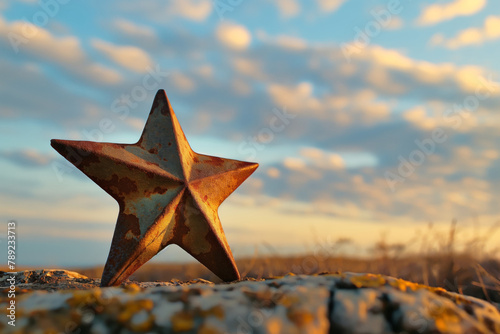 Weathered metal star symbol against a vibrant sunset sky, evoking a sense of nostalgia and timelessness