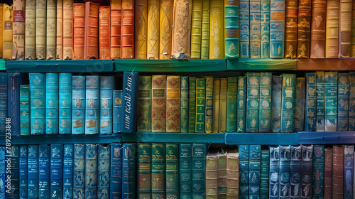 Colorful array of vintage books on shelves.