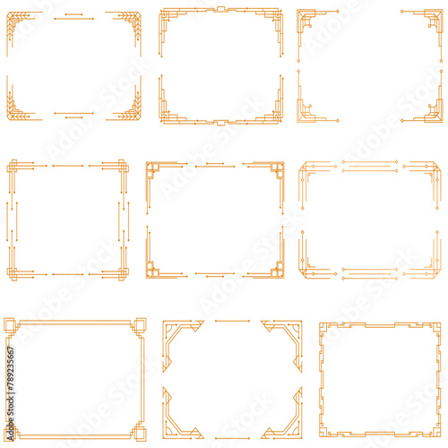 Golden geometric template in style of 1920s, artdeco corners for borders and frames. Vintage art deco corner set. Invitation, greeting swirl elements, baroque ink artwork. Vector illustration,