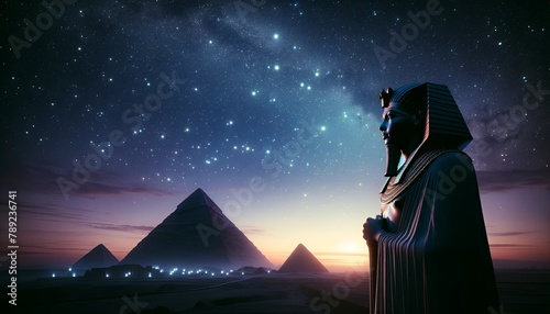 The image shows a large statue of an Egyptian pharaoh standing in front of the pyramids at Giza. The sky is dark and filled with stars.