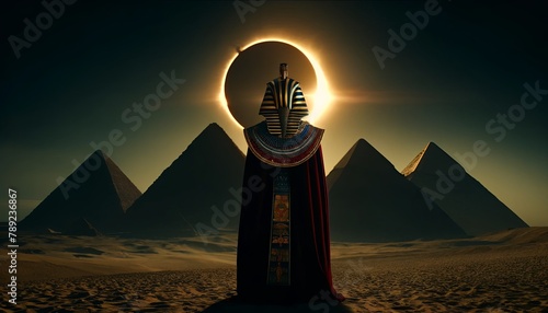 A pharaoh stands in front of the pyramids with a solar eclipse behind him.