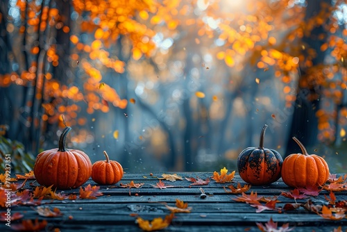 Wood table in autumn forest with pumpkins with copy space
