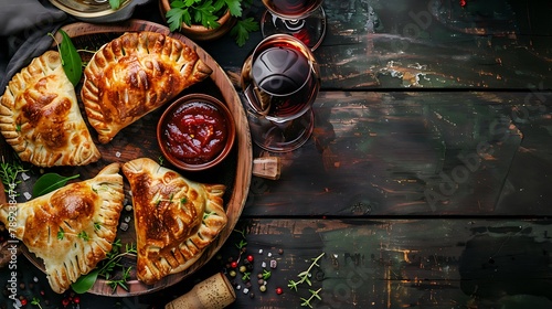 Argentinian empanadas with sauces and wine on a dark rustic wooden background