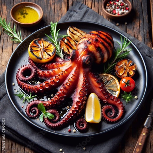 Grilled octopus plated on black dish, a classic mediterranean delicacy