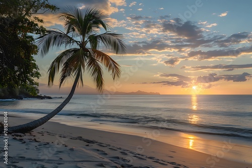 : A tranquil beach scene with a palm tree and a setting sun
