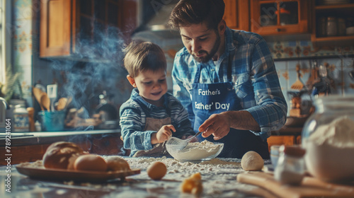 A father and son cooking together in the kitchen, with "Father's Day" spelled out in flour on the countertop.