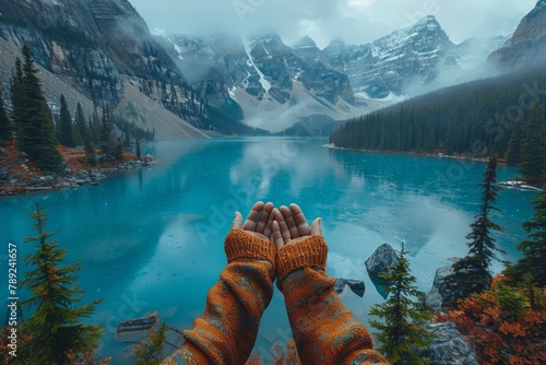 A person with ornate knitted gloves stretches their arms towards a stunning lake and mountain panorama