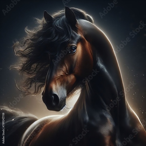 Elegant sport horse font sombre, photographe haute qualité HD beaucoup de détails cheval sauvage, eclat de sable qui gicle , arrière flou