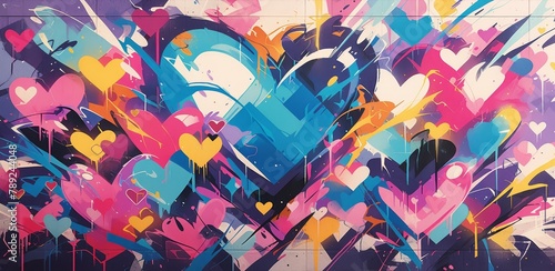 A vibrant graffiti mural of hearts in various colors, with dynamic drips and street art elements. 