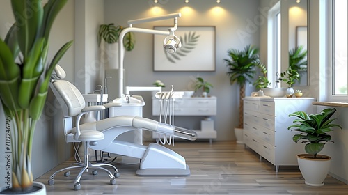Dental office with chair, plants, and wood flooring