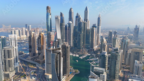 Aerial view of Dubai Marina. Dubai Marina is an affluent residential neighborhood known for The Beach at JBR. 