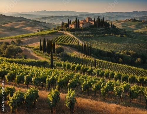 Rolling hills of vineyards in Tuscany, Italy 