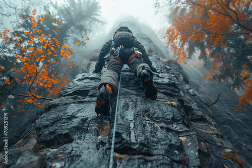 A photograph of a climber whose limbs look like the rough bark of the mountain they ascend, emphasiz