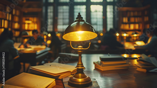 A desk lamp glowing intensely in the near view. encircled by writers sitting around a library table with manuscripts and pens on it