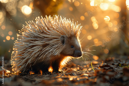 An image of a porcupine with metallic spikes, gleaming under the sunlight, casting patterns on the g