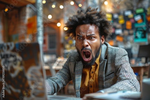 Black man with an afro hairstyle expressing alarm and yelling at something on his laptop screen in a colorful setting