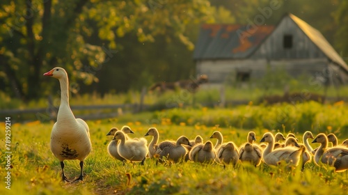 Farmstead, livestock, poultry house. Geese, poultry on the farm. Natural landscape
