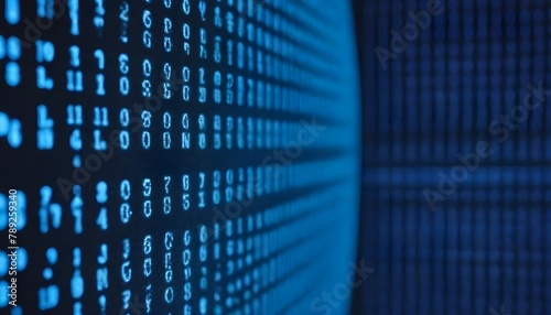 Binary code on a digital screen with a blue bokeh background